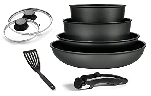 ARTHUR MARTIN - Batterie de cuisine en aluminium avec manche amovible 8 pièces noir Arthur Martin AM248-2 poêles + 2 casserole + 2 couvercle en verre + 1 ustensile + 1 poignée - Noir