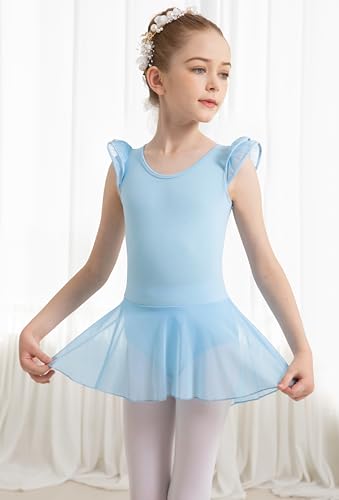 Girls Ballet Leotard for Dance Skirted Dresses with Ruffle Sleeves, Hollow Back, Mesh Hi-Low Skirt3