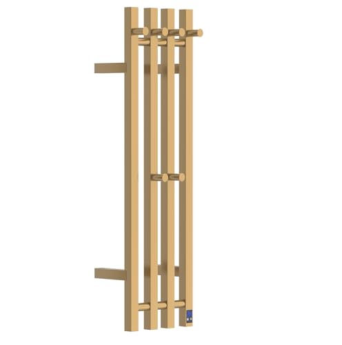Electric Heated Towel Rack Warmer, Wall Mounted Towel Warmer, 304 Stainless Steel, 37.4 x 11.8 x 4.2 Inches, 4 Vertical Square Bars with Timer (Gold)
