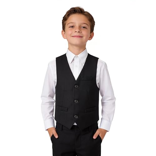 LOLANTA Chaleco Formal Negro para Niño, Chaleco de Smoking Monopeto Completamente Forrado con Bolsillos para Bodas (Negro, 12 13 Años, 160)