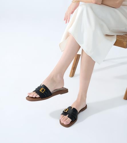 Image of UBFEN Womens Square Toe Flat Sandals Slides Dressy Comfortable for Beach