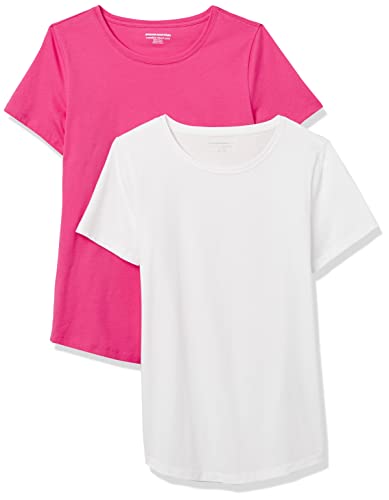 Amazon Essentials T-Shirt Col Rond À Manches Courtes 100% Coton Coupe Classique (Grandes Tailles Disponibles) Femme, Lot de 2, Blanc/Rose Foncé, M