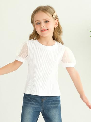 Toddler Girls Shirt Puff Dot Short Sleeve T-Shirt Cute Ribbed Blouse Girls Pullover Tee Tops for 2-8 Years2