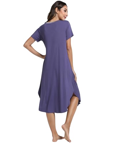 Image of NACHILA Nightgowns for Women-Viscose Made from Bamboo, V Neck Sleepshirts Short Sleeve Sleepwear Cool Nightshirt