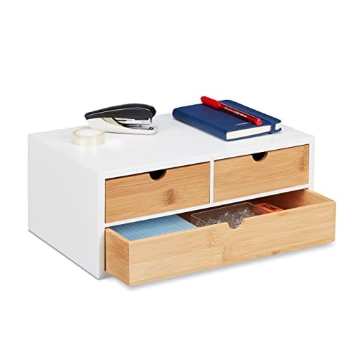 Relaxdays Organizer da Scrivania, bambù e MDF, Portaoggetti Salvaspazio con 3 Cassetti, HLP 14x33x21 cm, Bianco/Naturale, Fibra di Legno