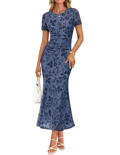 ZESICA Women's Summer Short Sleeve Floral Bodycon Dress 2026 Ruched Mesh Wedding Guest Cocktail Party Maxi Dresses Dusty Blue Medium