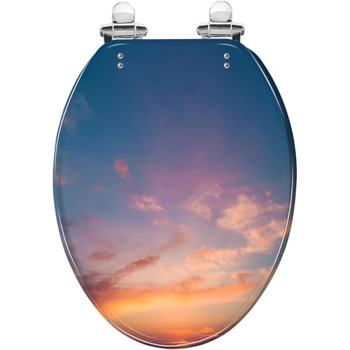 Elongated Toilet Seat Abstract nature Dramatic blue sky orange colorful sunset clouds time Resin Toilet Seat Quietly Close Quick Release Hinges with Cover Bumpers Decorative Easy to Install Clean