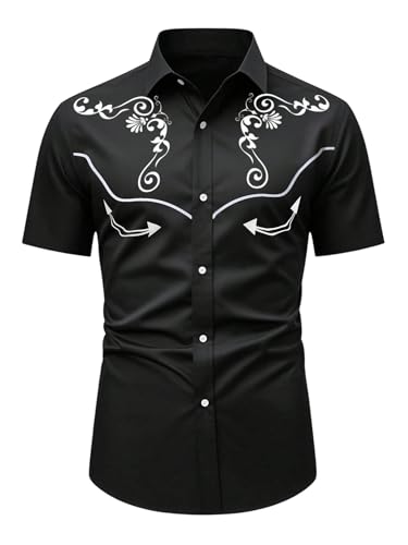 BEAUDRM Men's Vintage Western Cowboy Shirt Graphic Country Shirts Short Sleeve Retro 70s Hippie Top Cowboys Costume Black Large