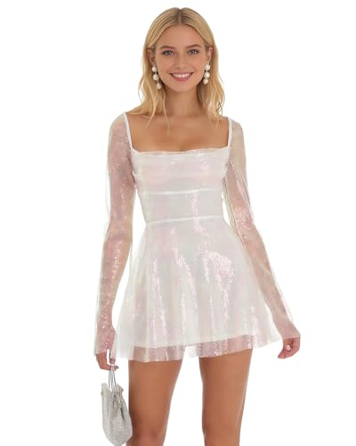 Image of Women Sparkle Sequins Mini Dress Sexy Tie Back Bodycon Dress Long Sleeve Shiny Evening Dresses Night Out Party Outfits
