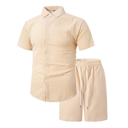 Zweiteiler Herren Leinenanzug Sommer Freizeitanzug 2-teilig Kurzarm Button-Up Revers Hemd und Shorts Beach Shirt Kurze Hose Set Baumwolle Leinen Anzug Jogginganzug für Urlaub Strand Alltag