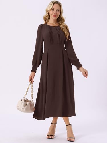 Image of Seta T Women's Fall Dress Frilled Long Sleeve A-Line Casual Midi Dresses | Crewneck, Smocked Cuff, Front Pleated, Pockets, Flowy and Lightweight, Party Elegant Outfit 2026