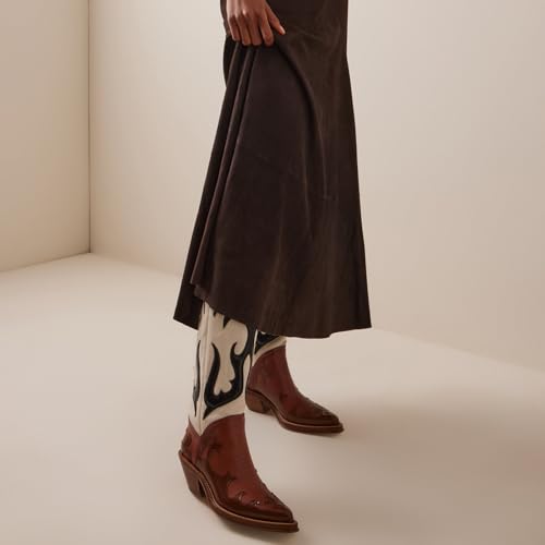 Cowboy Western Knee High Boots for Women Two Tone Leather Pointed Toe Stacked Chunky Heel Tall Booties Classic Retro Embroidered Cowgirl Boot Pull on2