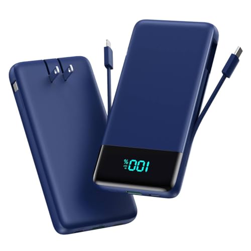Image of Portable Charger for iPhone,13800mAh Slim Power Bank with Built-in Cables & AC Wall Plug,All in One 4 Outputs USB C Fast Charging Battery Pack Travel Essential for iPhone 17 /16 /15 /14,Android (Blue)