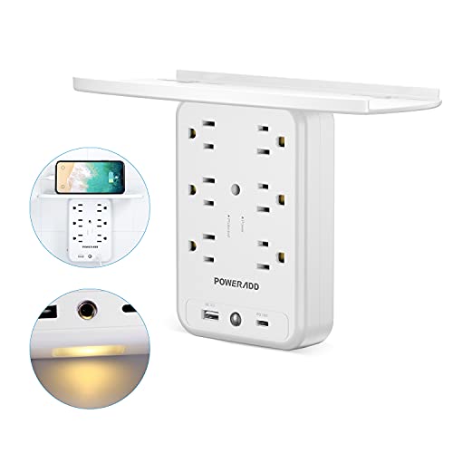 UPoweradd Wall Socket Outlet Shelf, 6 Multi Plug Extender Outlet 1700J Surge Protector with 3.0 USB C PD 18W, Wall Charger Outlet with Removable Shelf and Smart Night Light for Bathroom/Home/Dorm