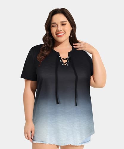 Image of CARCOS Womens Plus Size Tops Short Sleeve Shirts V Neck Tunic Floral /Tie Dye /Solid Summer Tees XL-5X