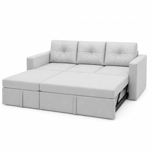Image of FURNY Tira 4 Seater LHS Lounger Sofa Cum Bed (Light Gray) with Pull-Out Function | Luxury Velvet Suede Finish | Durable Comfort | Ideal for Living Room