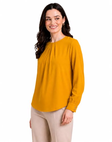 Image of Mirana Women's Full Sleeve Solid Top | Round Neck Pleated Front Regular Fit Office Casual Blouse with Button Cuffs