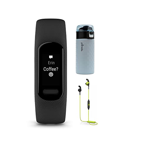 Garmin Vivosmart 5 Fitness Tracker (Black, Small) Outdoor Bundle with Philips ActionFit in-Ear Wireless Headphones and 12-Ounce Double Wall Stainless Steel Tumbler (3 Items)