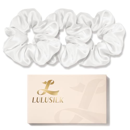 LULUSILK Silk Scrunchies for Hair Sleep 100% Real Mulberry Silk No Damage Hair Ties for Women and Girls Gorgeous White Pack of 3