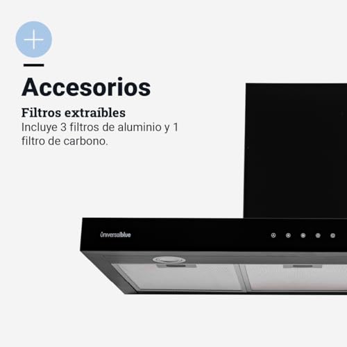 UNIVERSALBLUE Afzuigkap T-vorm, 90 cm, zwart glas en roestvrij staal, voor keuken met aluminium filters, 3 snelheden, gratis verzending en stijging - Afbeelding 6