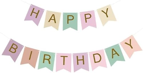 Lumjoy Large Pastel & Gold Happy Birthday Banner – Macaron Party Bunting Flag for Girls, Boys, & Women's Party Backdrop Decorations