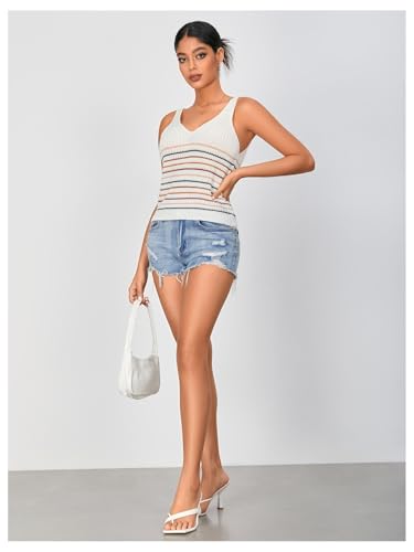 WDIRARA Women's Striped Pattern Sleeveless Knit Top V Neck Casual Sweater Vest4