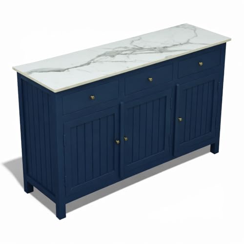 Image of Solid Wood Madrid Sideboard Cabinet with Sintered Stone Top for Living Room | Premium Acrylic Midnight Blue | 130x40x80 cm