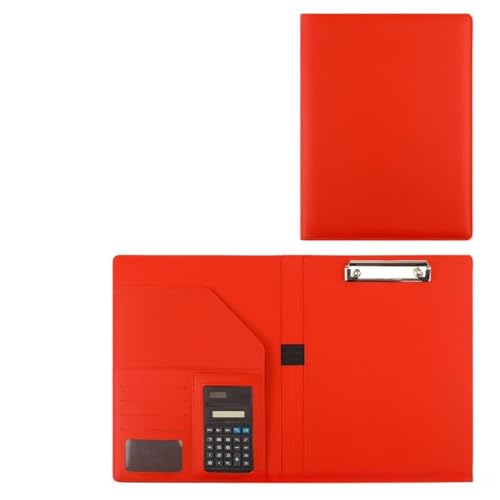 Angoda フォルダー 多機能収納 レザー素材 内蔵電卓 書類整理 収納ポケット ビジネス 会議 面接 書類保護 A4サイズ (8桁ソーラー電卓,赤)