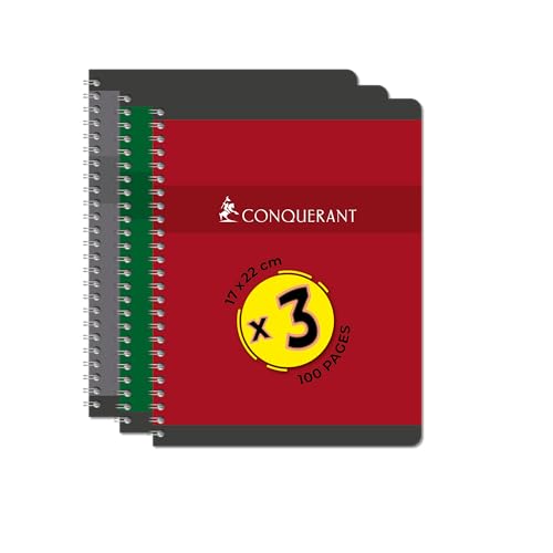 CONQUERANT Lot de 3 Cahiers 17x22 100 Pages 70g Seyès Reliure Intégrale Couverture Carte Couleurs Assorties