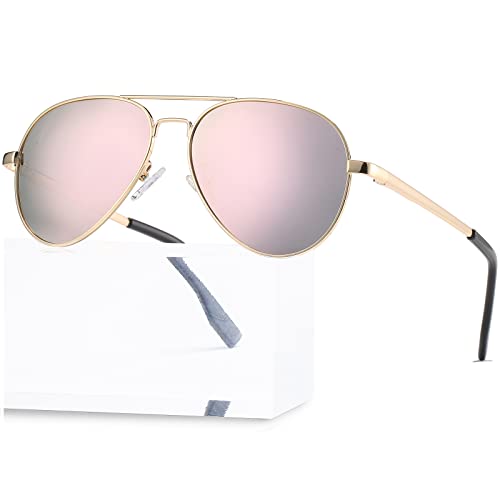 PORADAY Small Polarized Aviator Sunglasses for Small Face Women Men and Juniors (Gold Frame/Pink Mirrored)