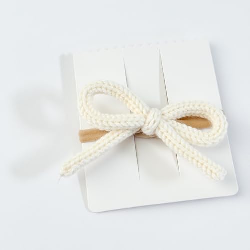 Handmade Ivory Merino Wool Knit Bow Headband, Nylon Headband, Newborn to Toddler Hair Accessory2