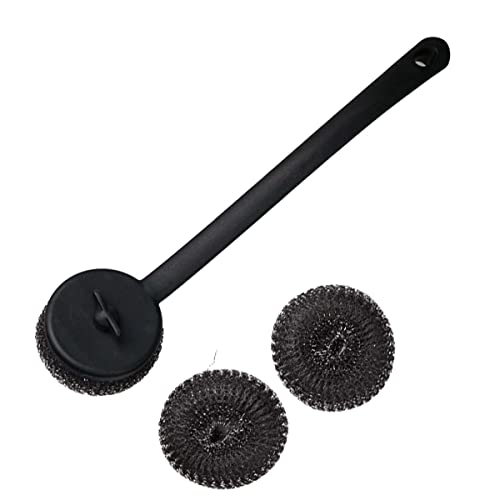 SANTOS Grillbürste rund - extra Langer Stil & 2 extra Reinigungs-Pads - borstenfreie Grillbürste - ideal für Töpfe, Grillkörbe & Pfannen - nachhaltig