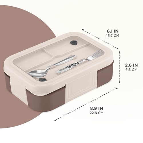 Image of MILTON Ethan 3 Inner Stainless Steel Tiffin Box for School, 3 Partition, Steam Release Plug | PU Insulated, Leak-Proof, Food Grade I Lunch Box for Kids Boys, Girls with Snap Lock Lid, 600 ml, Taupe