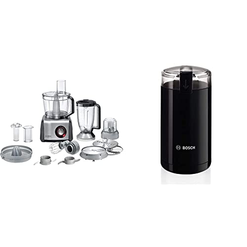 Bosch Elettrodomestici Robot da Cucina Multifunzione Compatto 1250 W, Ciotola 3,9 L con Accessori Per Tagliare, Alluminio + Bosch Elettrodomestici TSM6A013B Macina Caffè 180 W, 0.08 kg, Plastica, Nero