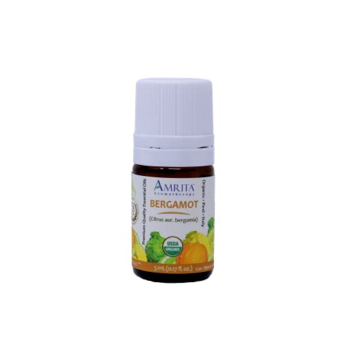 Amrita Aromatherapy Organic Bergamot Essential Oil, 100% Pure Undiluted Citrus aur. Bergamia, Therapeutic Grade, Premium Quality Aromatherapy oil, Tested & Verified, 5ML