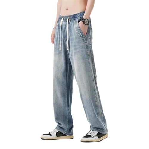 Men Summer Thin Soft Lyocell Fabric Jeans Elastic Waist Loose Straight Breathe Denim Trousers