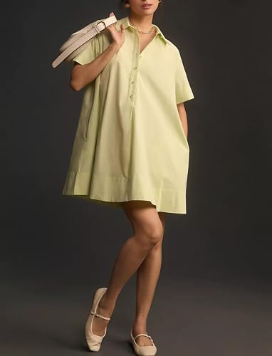 Image of Dsewpaur Short Sleeve Swing Tunic Mini Dress for Women Button Up Shirt Blouse Short Dress Summer Casual Flowy A Line Dress