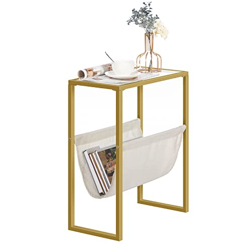 HOOBRO Beistelltisch Schmal, Nachttisch mit Zeitschriftenschlinge aus Stoff und Glasplatte, Geeignet für Kleine Räume, Gold EGD66BZ01
