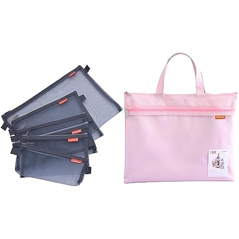 Pendancy Mesh Zipper Pouch Bundle, 5pcs Size Lightweight Nylon File Folders + A4 Size Large Double Pocket Waterproof Foldable File Bag with Handle Cover