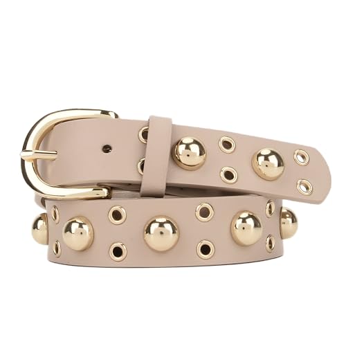 Studded Womens Belts for Jeans, Fashion Genuine Leather Belts for Women, Double Grommet Womens Belt
