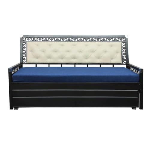 Image of Rexo Metal Sofa Cum Bed with Hydraulic Storage | 3 Seater Convertible Sofa Bed for Living Room | Heavy Duty Metal FrameMatte Black Finish with Blue Cushion, King