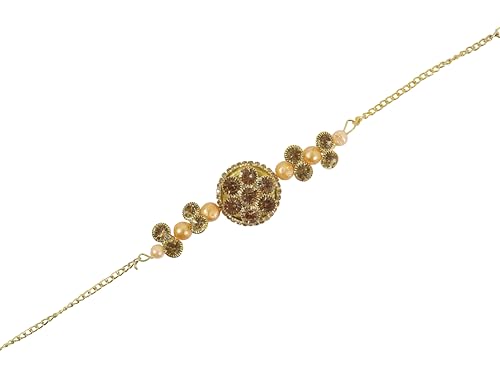 Image of ZULKA Gold Rakhi Bracelet For Brother Boys Men Raksha Bandhan Gift | Designer Diamond Rakhi for Bhaiya, Bhai, Bhabhi Unisex Adult | Metal Chain Bracelets For Rakhi Gift Set (Pack of 1)