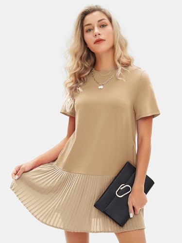 Image of EXLURA Womens Summer Casual Short Sleeve Dress Crewneck Tshirt Dresses Pleated Aline Mini Dress 2025 Vacation Beach Sundress