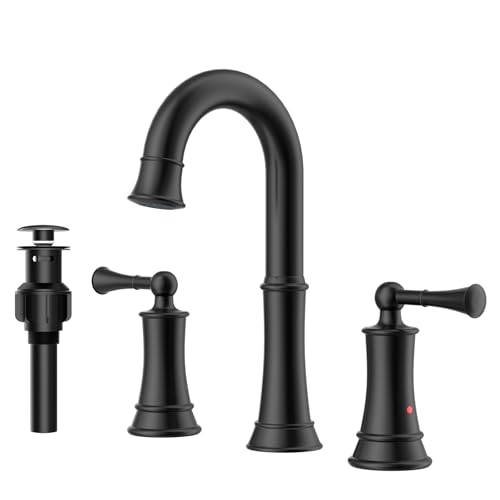 APASO - Grifo para lavabo de baño, 3 agujeros, 2 asas, color negro mate, con desagüe y dispensador de jabón