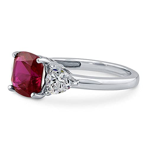 BERRICLE Sterling Silver 3-Stone Wedding Engagement Rings 3 Carat Simulated Ruby Cushion Cut Cubic Zirconia CZ Anniversary Ring for Women, Rhodium Plated3