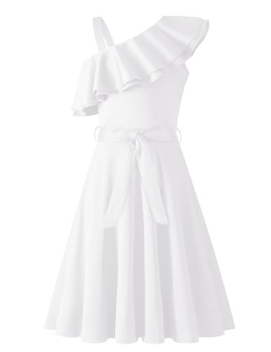 Arshiner Mädchen Kleider Eine-Schulter Kinderkleider Sommer Festliches Kleid Rüschenkragen Elegant Partykleider Swingkleid mit Gürtel ärmelloses Kleid für Mädchen 9-10 Jahre Weiß