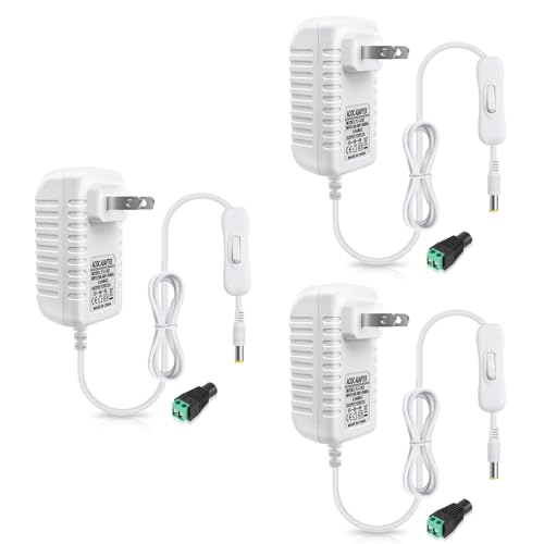 Image of 12V Power Supply, 12 Volt 2A 24W DC Power Supply with On Off Switch, White Switching LED Power Adapter, AC 110V to 12V Transformer Plug for LED Strip Lights with 5.5 /2.1 DC Female Connector, 3 Pack