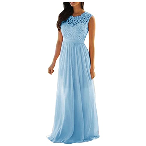 Vestidos de noche elegantes para bodas, largos, de gasa, sin mangas, sin pliegues, hasta el suelo, para dama de honor, vintage, hueco, de encaje, vestido largo, vestido de fiesta, azul, M-36/38/40