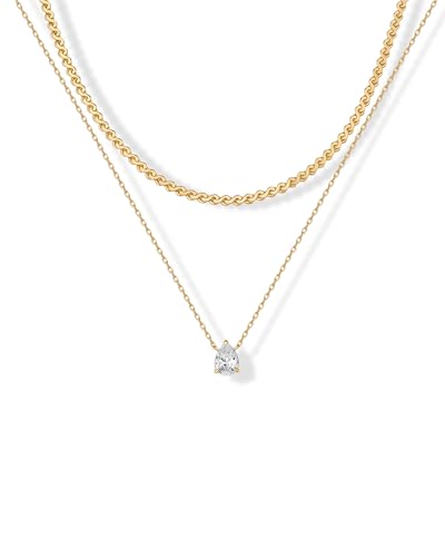 PAVOI 14K Gold Plated Twisted Singapore Chain Layering Choker with Round Solitaire and Serpentine Chain Layering Choker with Pear-Cut Stone Pendant Necklace Pack for Women | Cubic Zirconia Statement Layered Necklace Set