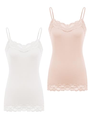 Image of Kate Kasin Women's Adjustable Spaghetti Strap Lace Trim Cami Tunic Tank Top 2PACK